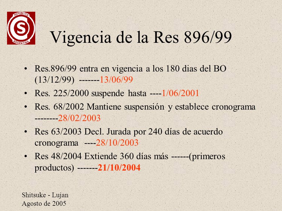 Vigencia de la Res 896/99 Res.896/99 entra en vigencia a los 180 dias del BO (13/12/99) /06/99.