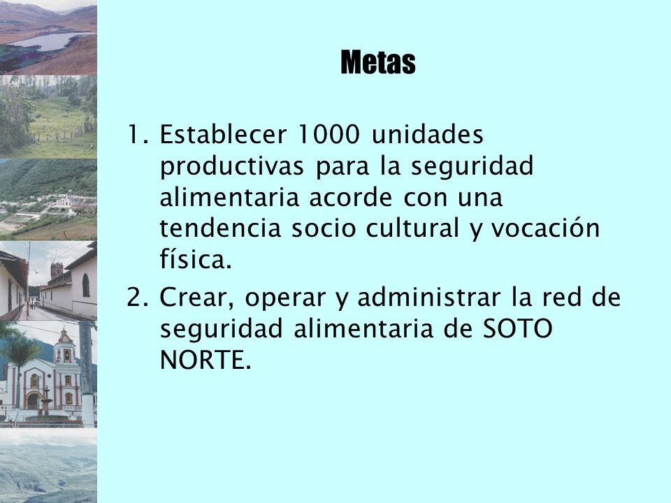 Metas Establecer 1000 unidades productivas para la seguridad alimentaria acorde con una tendencia socio cultural y vocación física.