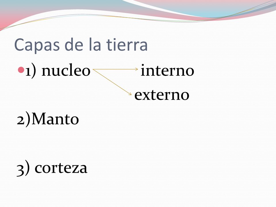 Capas de la tierra 1) nucleo interno externo 2)Manto 3) corteza