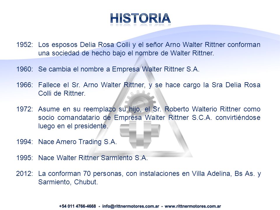HISTORIa 1952: Los esposos Delia Rosa Colli y el señor Arno Walter Rittner conforman una sociedad de hecho bajo el nombre de Walter Rittner.