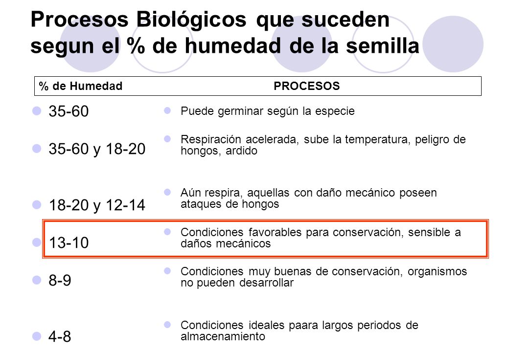 Procesos Biológicos que suceden segun el % de humedad de la semilla