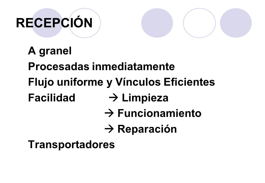 RECEPCIÓN A granel Procesadas inmediatamente
