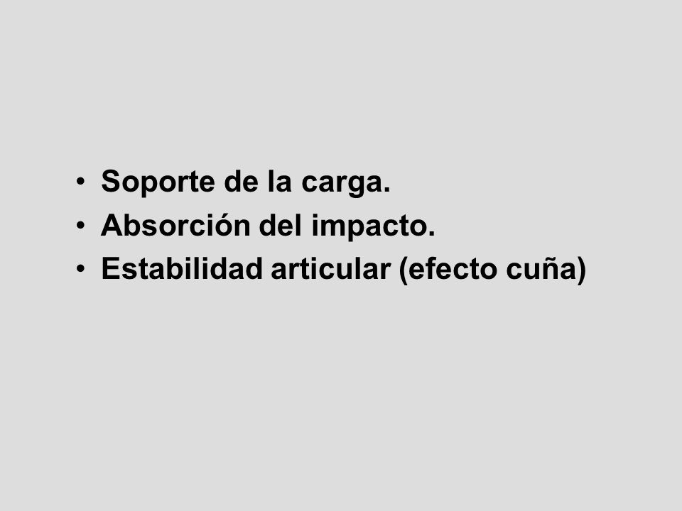 Soporte de la carga. Absorción del impacto. Estabilidad articular (efecto cuña)