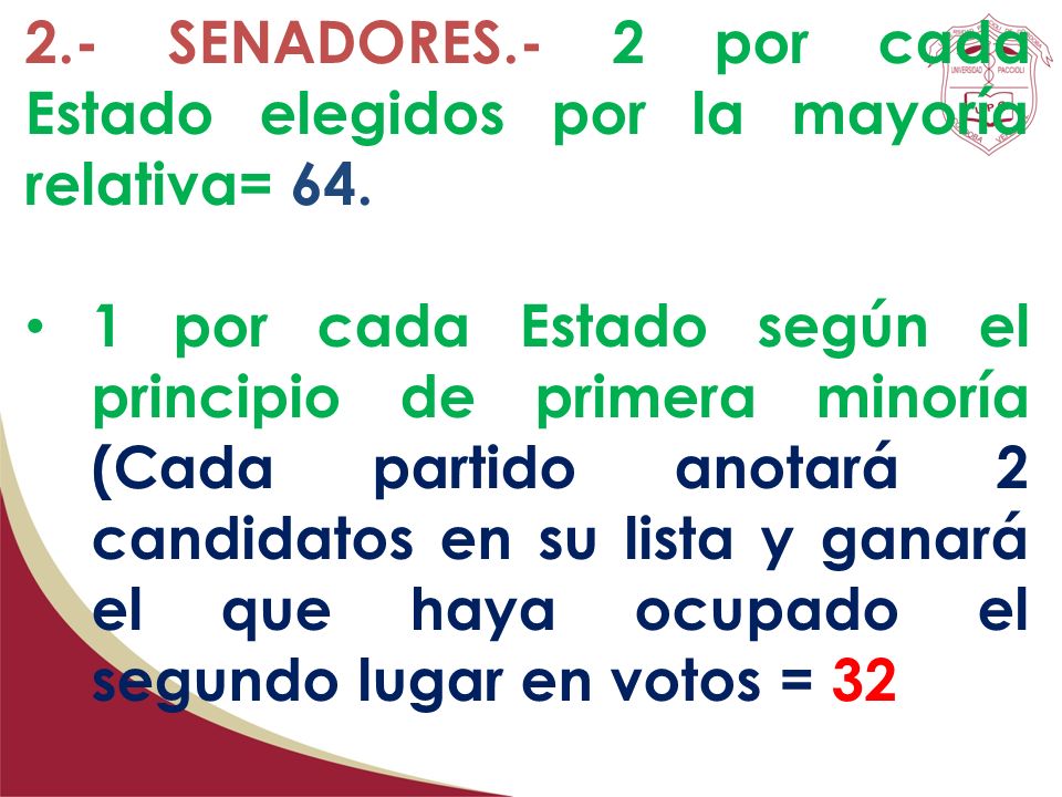 2.- SENADORES.- 2 por cada Estado elegidos por la mayoría relativa= 64.