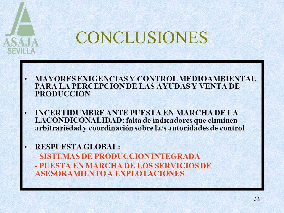 CONCLUSIONES MAYORES EXIGENCIAS Y CONTROL MEDIOAMBIENTAL PARA LA PERCEPCION DE LAS AYUDAS Y VENTA DE PRODUCCION.