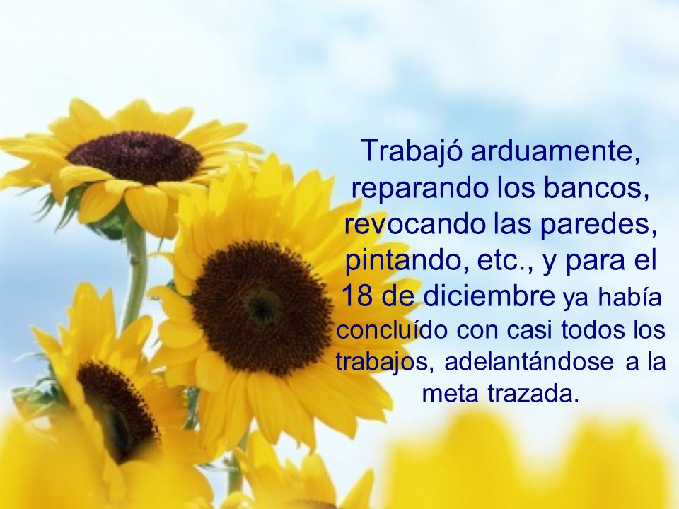 Trabajó arduamente, reparando los bancos, revocando las paredes, pintando, etc., y para el 18 de diciembre ya había concluído con casi todos los trabajos, adelantándose a la meta trazada.