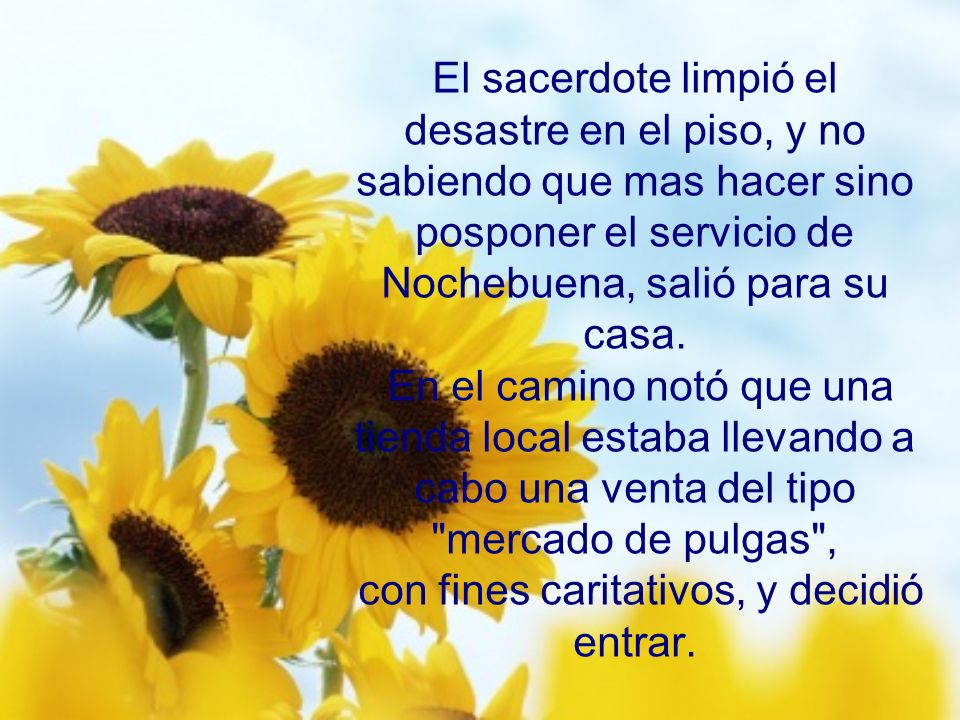 El sacerdote limpió el desastre en el piso, y no sabiendo que mas hacer sino posponer el servicio de Nochebuena, salió para su casa.