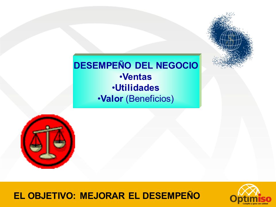 DESEMPEÑO DEL NEGOCIO Ventas Utilidades Valor (Beneficios) EL OBJETIVO: MEJORAR EL DESEMPEÑO