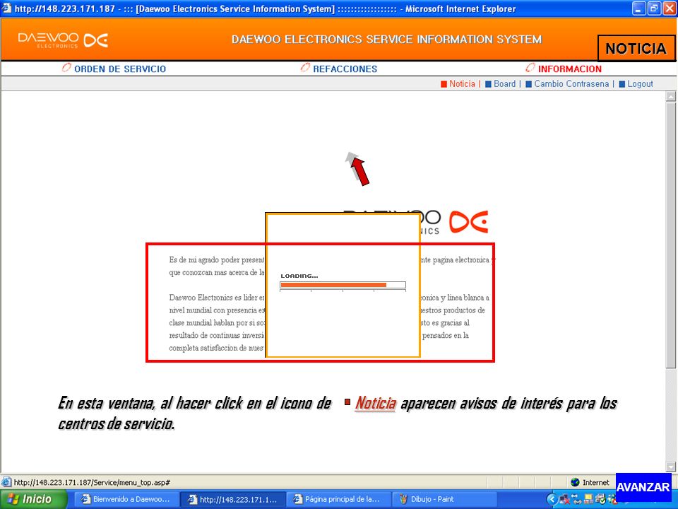 NOTICIA En esta ventana, al hacer click en el icono de Noticia aparecen avisos de interés para los centros de servicio.