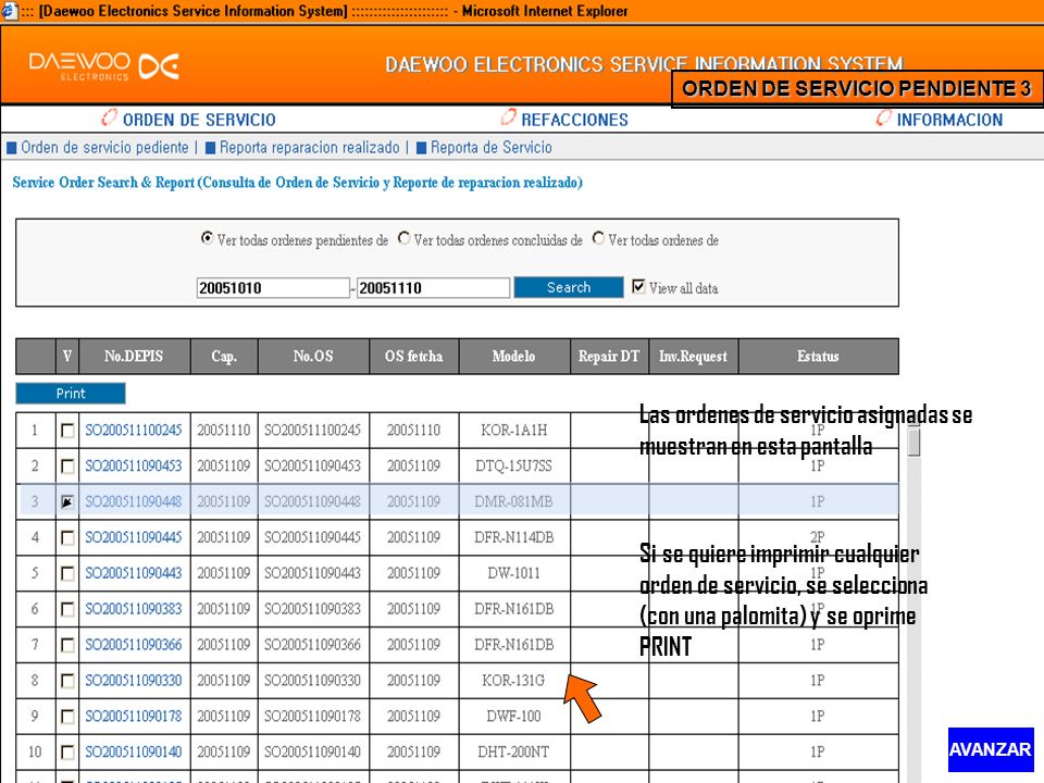 Las ordenes de servicio asignadas se muestran en esta pantalla