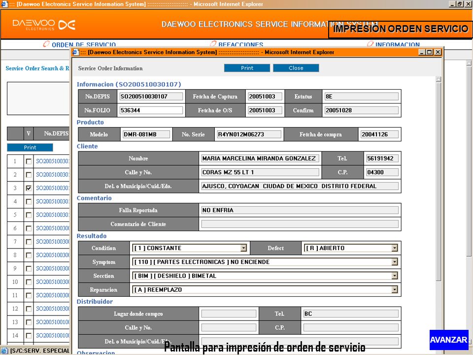 Pantalla para impresión de orden de servicio