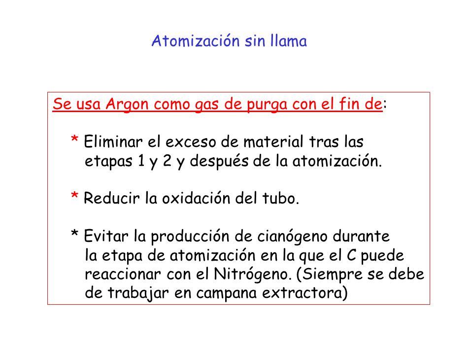 Atomización sin llama Se usa Argon como gas de purga con el fin de: * Eliminar el exceso de material tras las.