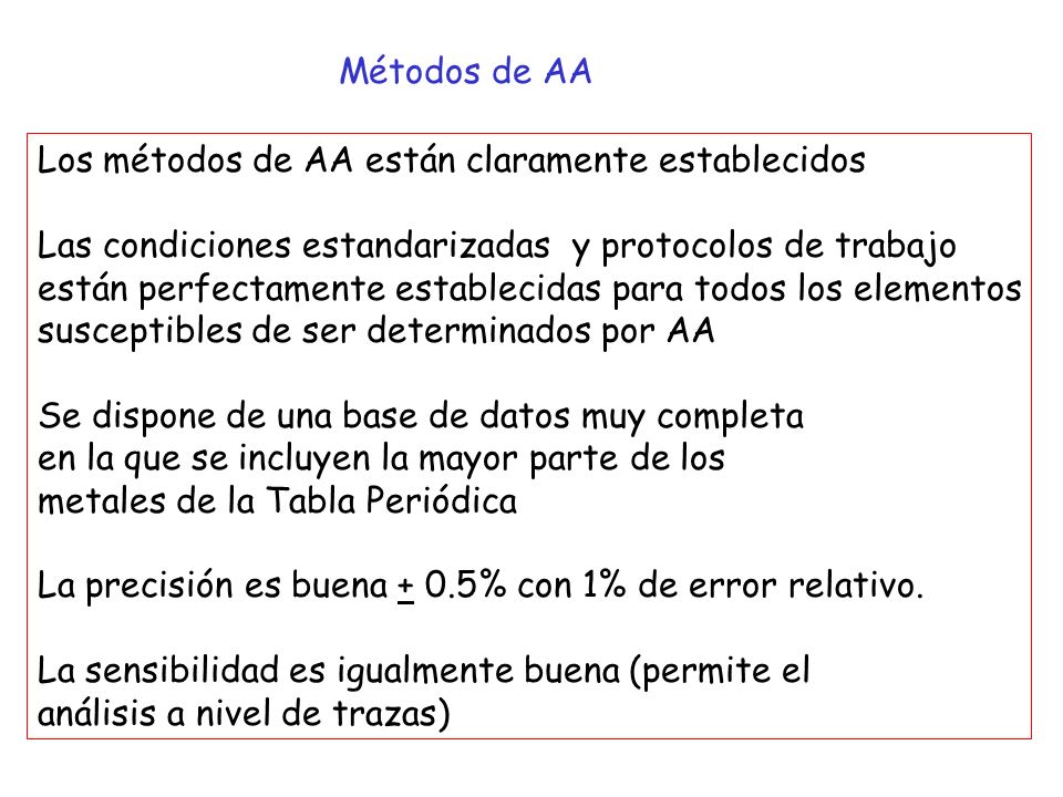 Métodos de AA Los métodos de AA están claramente establecidos. Las condiciones estandarizadas y protocolos de trabajo.
