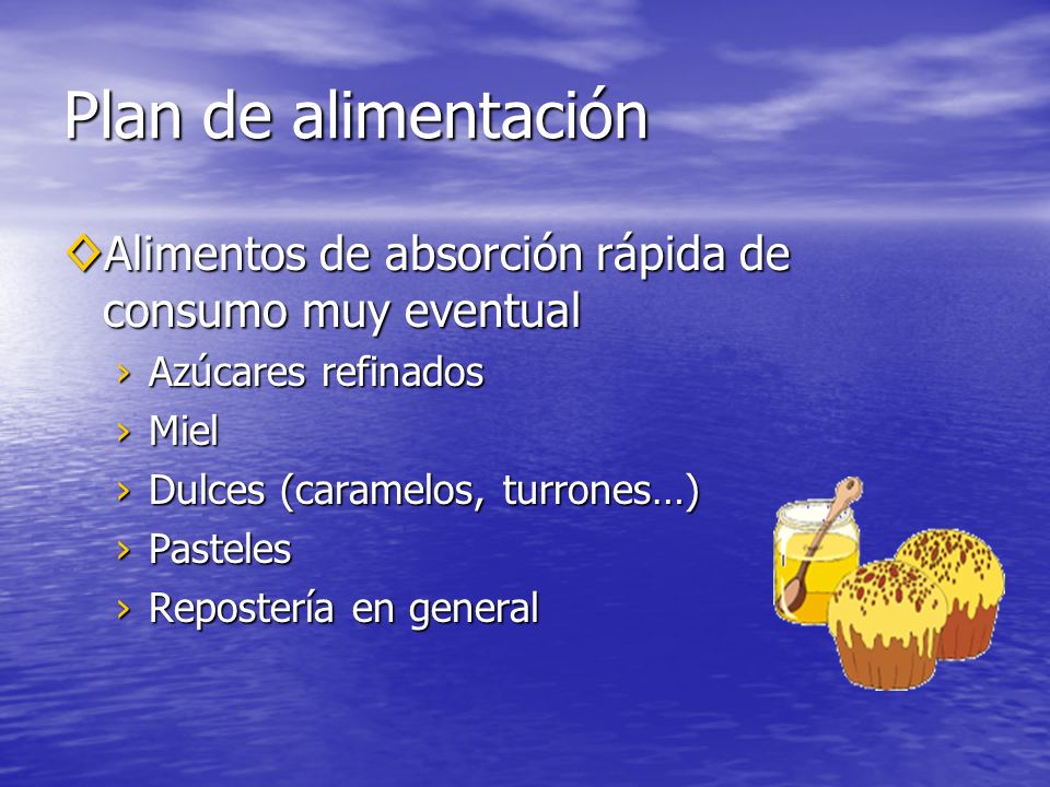Plan de alimentación Alimentos de absorción rápida de consumo muy eventual. Azúcares refinados. Miel.