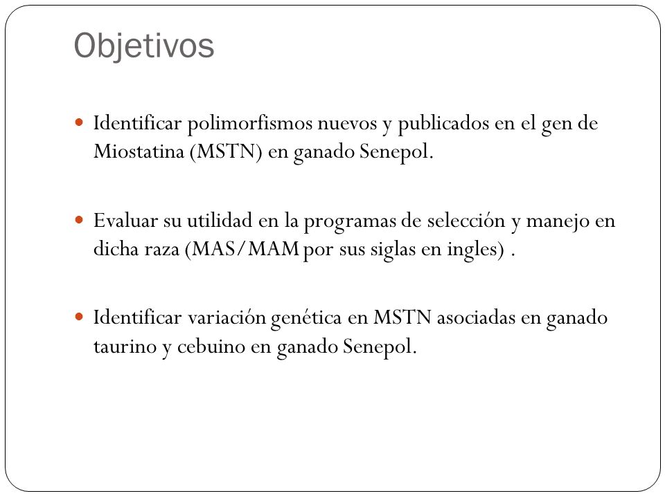 Objetivos Identificar polimorfismos nuevos y publicados en el gen de Miostatina (MSTN) en ganado Senepol.