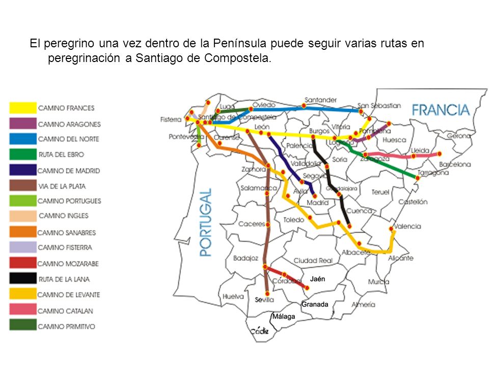 El peregrino una vez dentro de la Península puede seguir varias rutas en peregrinación a Santiago de Compostela.