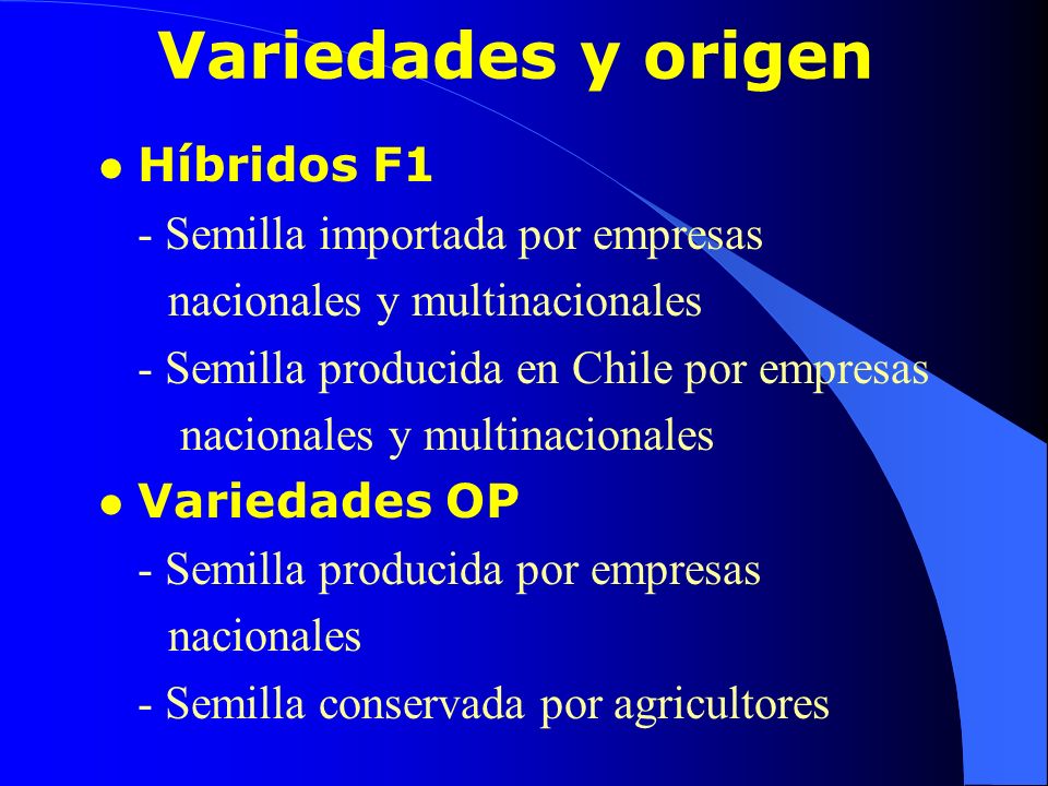 Variedades y origen Híbridos F1 - Semilla importada por empresas