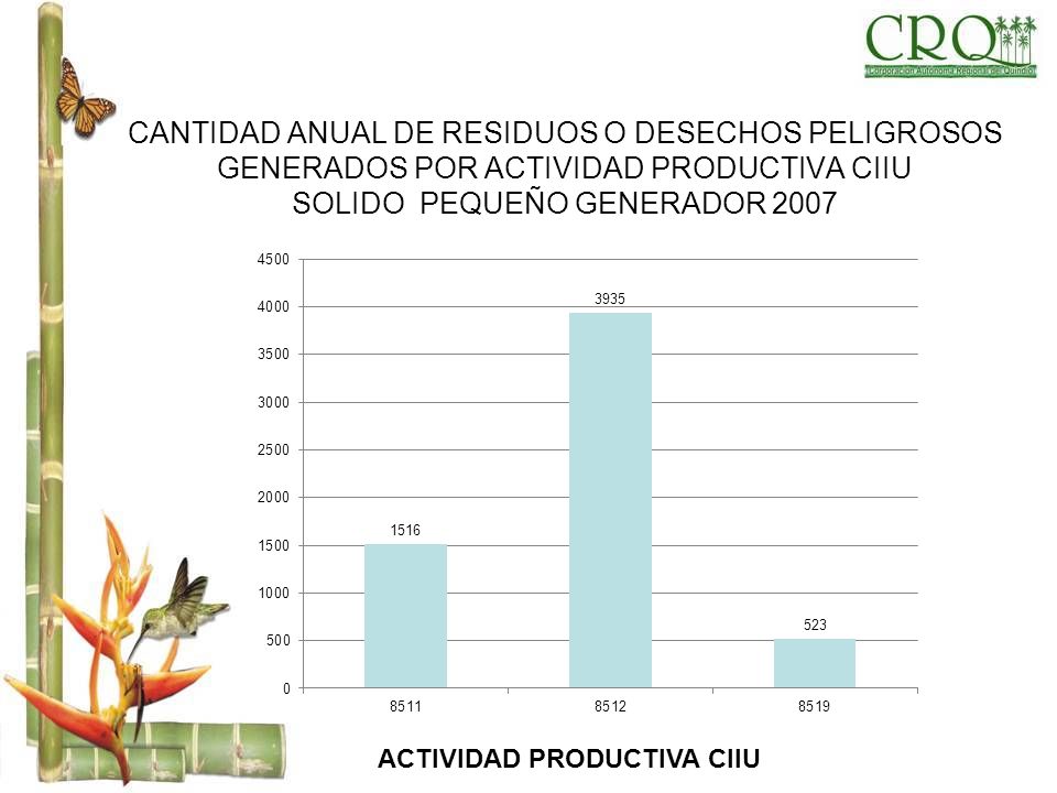 CANTIDAD ANUAL DE RESIDUOS O DESECHOS PELIGROSOS GENERADOS POR ACTIVIDAD PRODUCTIVA CIIU SOLIDO PEQUEÑO GENERADOR 2007