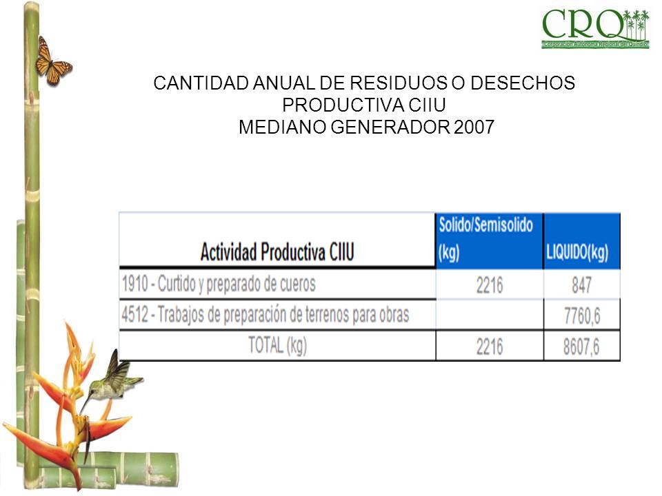 CANTIDAD ANUAL DE RESIDUOS O DESECHOS PRODUCTIVA CIIU MEDIANO GENERADOR 2007