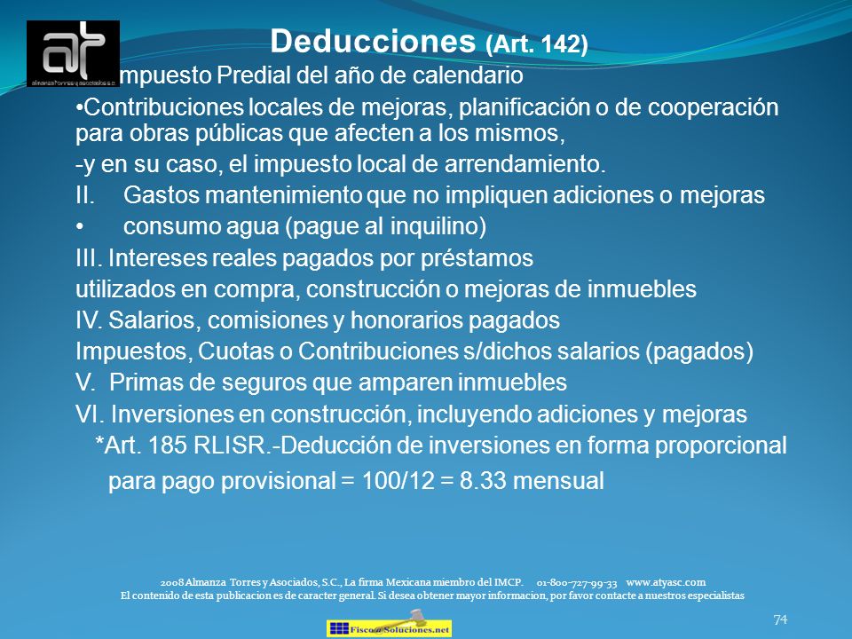 Deducciones (Art. 142) I. Impuesto Predial del año de calendario