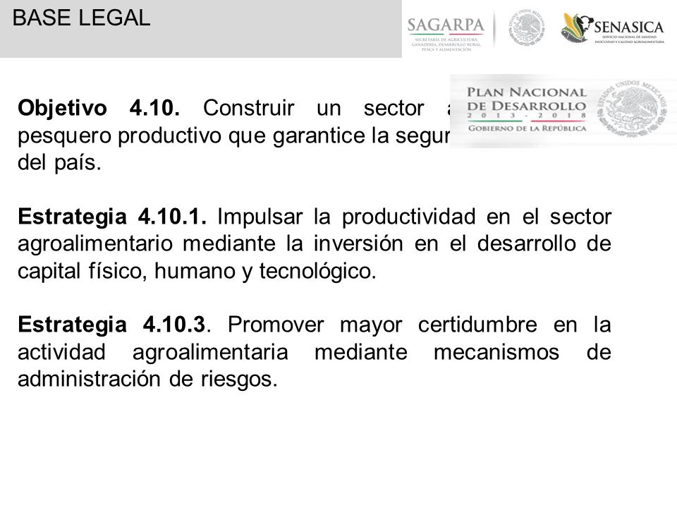 BASE LEGAL Objetivo Construir un sector agropecuario y pesquero productivo que garantice la seguridad alimentaria del país.