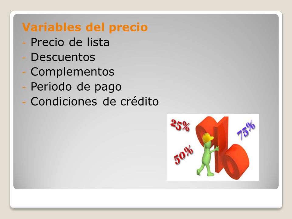 Variables del precio Precio de lista Descuentos Complementos Periodo de pago Condiciones de crédito