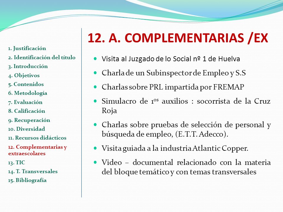 12. A. COMPLEMENTARIAS /EX 1. Justificación. 2. Identificación del título. 3. Introducción. 4. Objetivos.