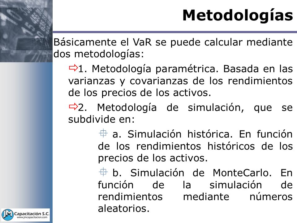 Metodologías Básicamente el VaR se puede calcular mediante dos metodologías: