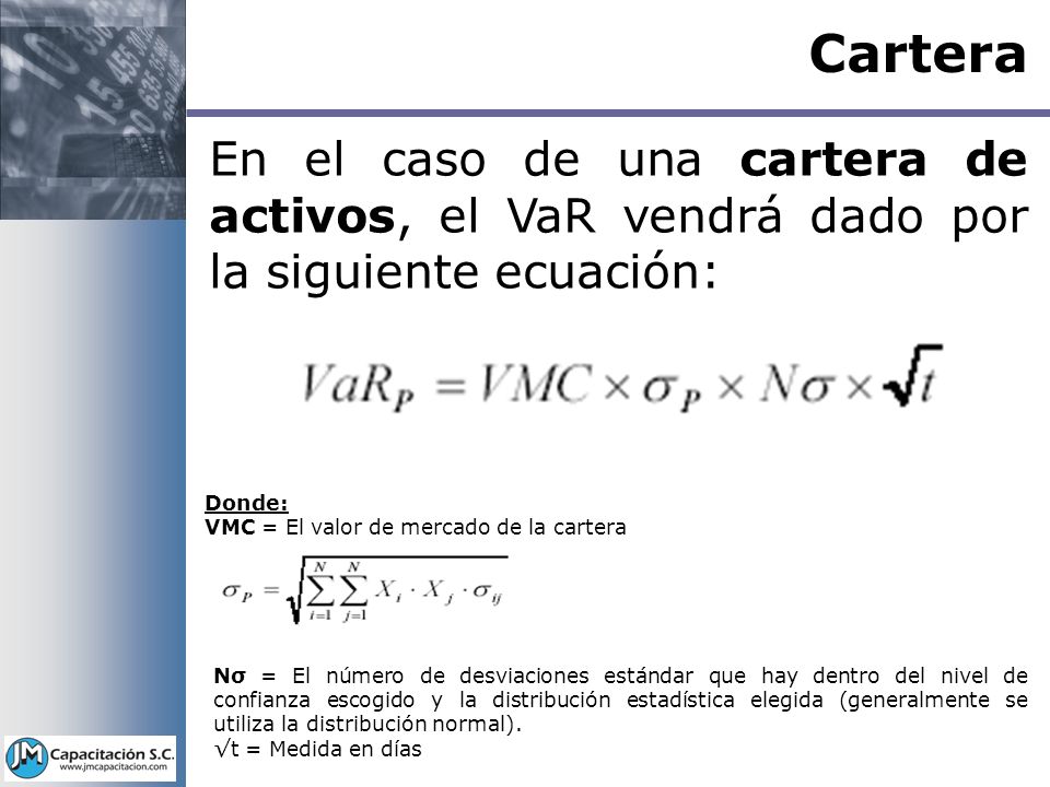 Cartera En el caso de una cartera de activos, el VaR vendrá dado por la siguiente ecuación: Donde:
