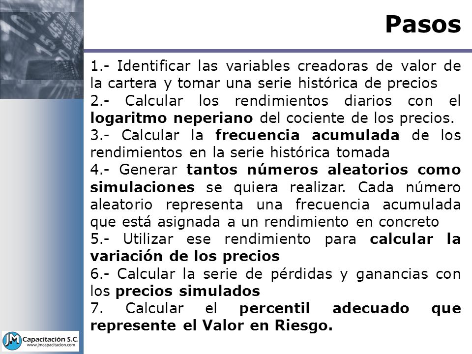 Pasos 1.- Identificar las variables creadoras de valor de la cartera y tomar una serie histórica de precios.