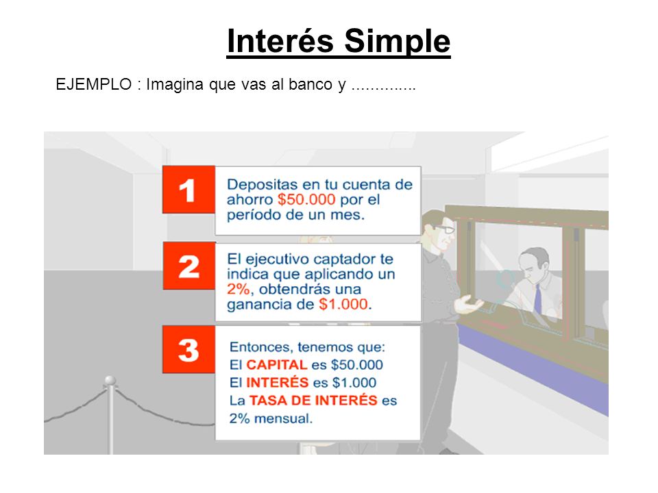 Interés Simple EJEMPLO : Imagina que vas al banco y