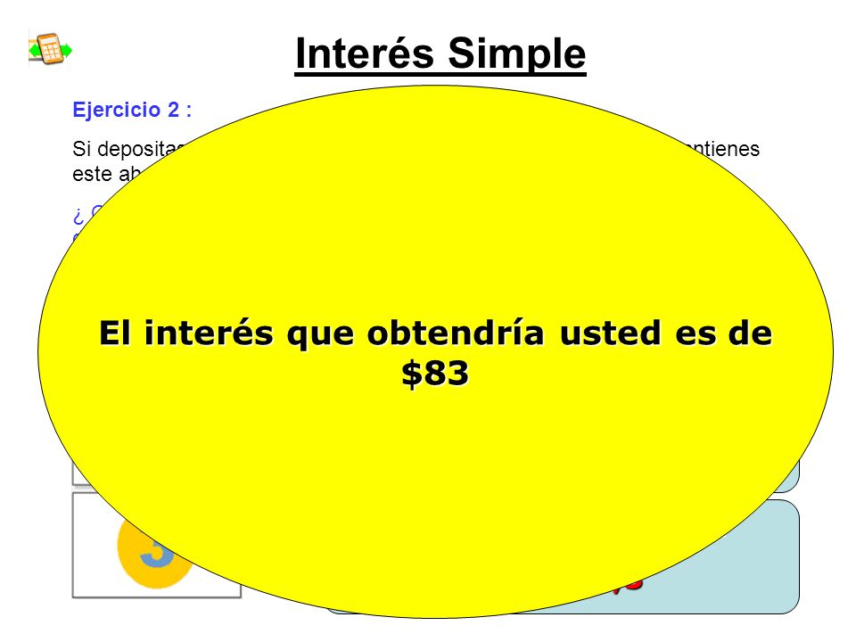 Interés Simple El interés que obtendría usted es de $83 Ejercicio 2 :