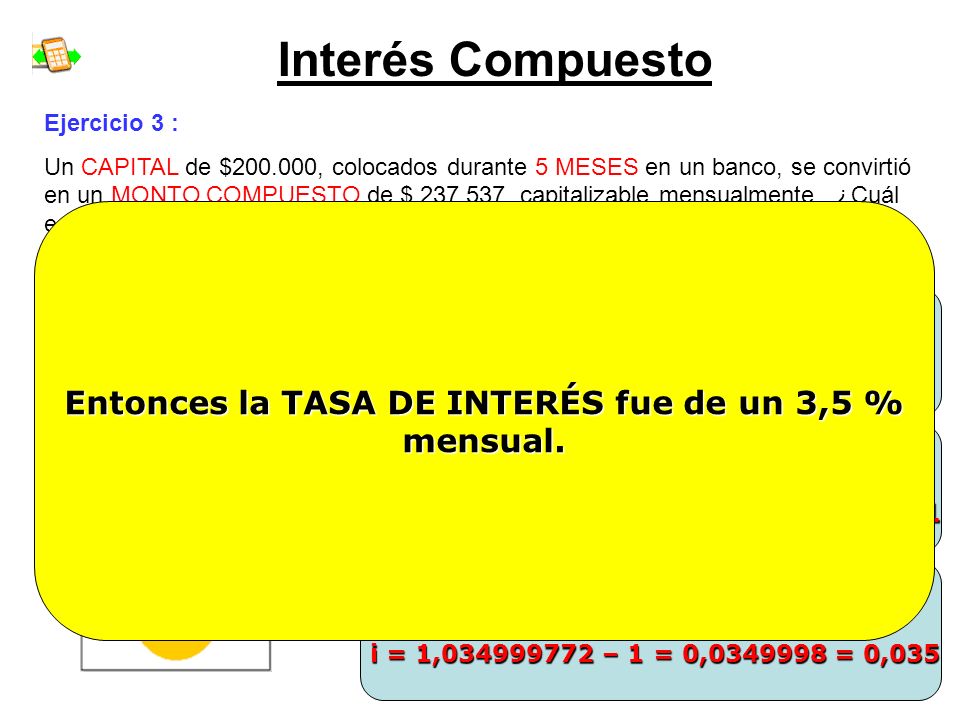 Interés Compuesto Entonces la TASA DE INTERÉS fue de un 3,5 % mensual.