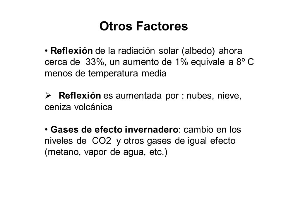 Otros Factores Reflexión de la radiación solar (albedo) ahora cerca de 33%, un aumento de 1% equivale a 8º C menos de temperatura media.