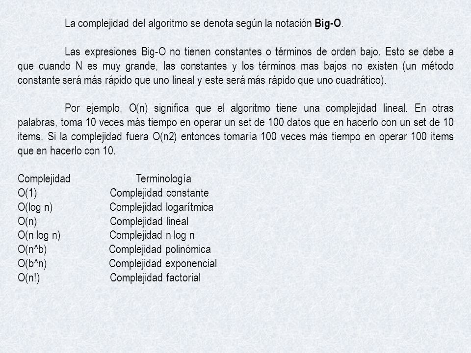 La complejidad del algoritmo se denota según la notación Big-O.