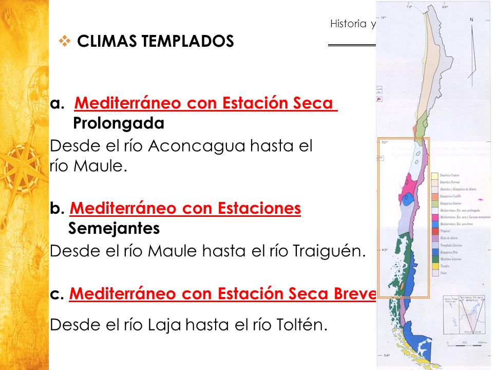 CLIMAS TEMPLADOS Mediterráneo con Estación Seca. Prolongada. Desde el río Aconcagua hasta el. río Maule.