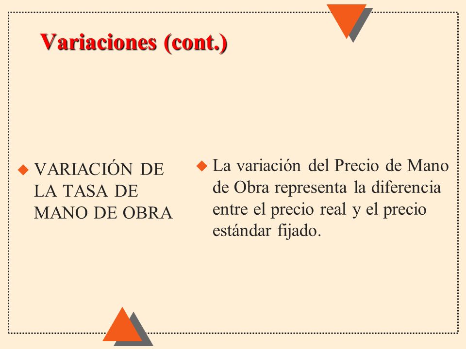 Variaciones (cont.) La variación del Precio de Mano de Obra representa la diferencia entre el precio real y el precio estándar fijado.