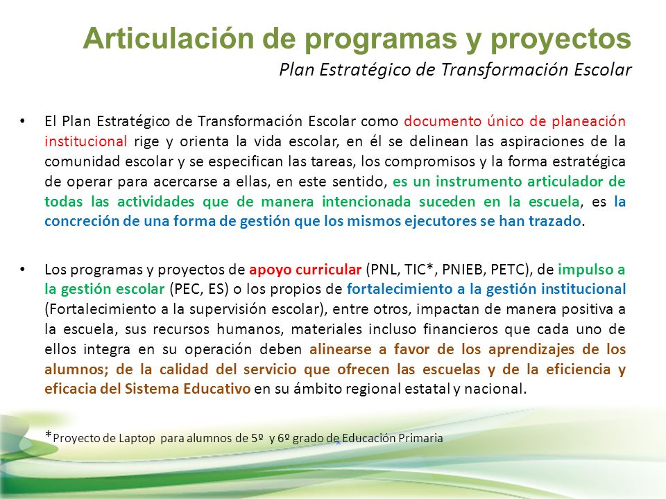 Articulación de programas y proyectos Plan Estratégico de Transformación Escolar