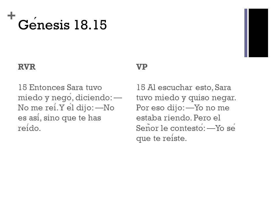 Génesis RVR 15 Entonces Sara tuvo miedo y negó, diciendo: —No me reí. Y él dijo: —No es así, sino que te has reído.