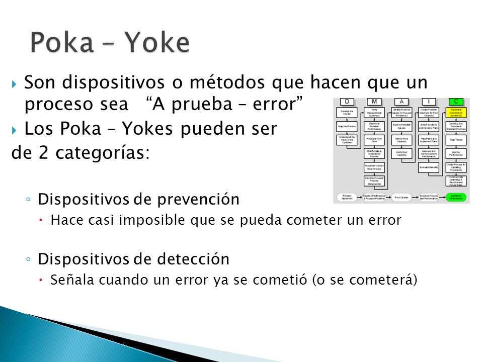 Poka – Yoke Son dispositivos o métodos que hacen que un proceso sea A prueba – error Los Poka – Yokes pueden ser.