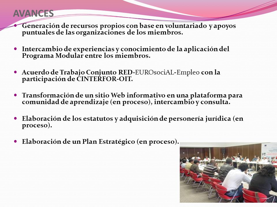 AVANCES Generación de recursos propios con base en voluntariado y apoyos puntuales de las organizaciones de los miembros.