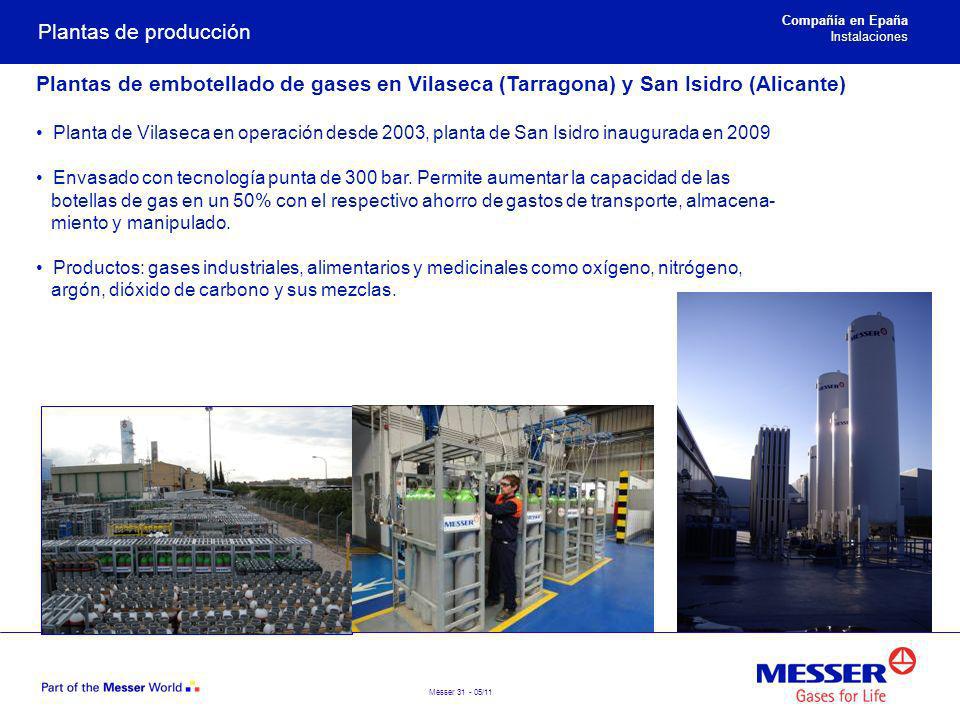 Plantas de producción Compañía en Epaña. Instalaciones. Plantas de embotellado de gases en Vilaseca (Tarragona) y San Isidro (Alicante)