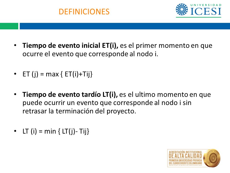 DEFINICIONES Tiempo de evento inicial ET(i), es el primer momento en que ocurre el evento que corresponde al nodo i.