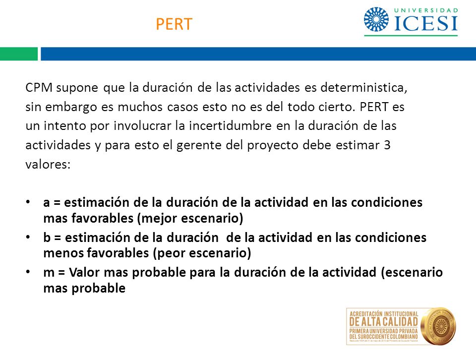 PERT CPM supone que la duración de las actividades es deterministica,