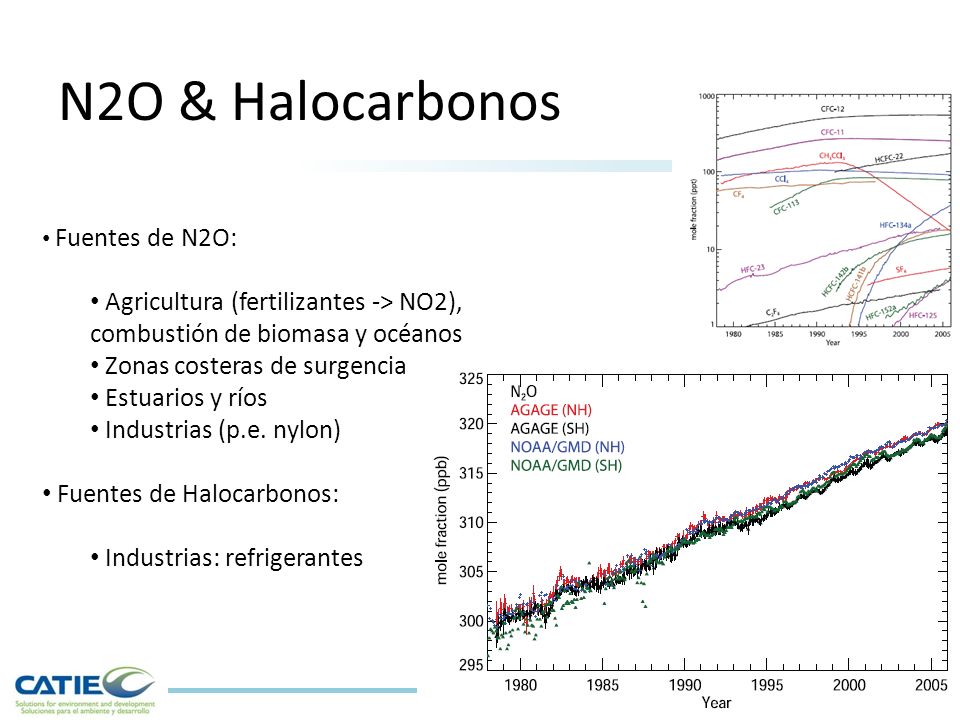 N2O & Halocarbonos Fuentes de N2O: Agricultura (fertilizantes -> NO2), combustión de biomasa y océanos.
