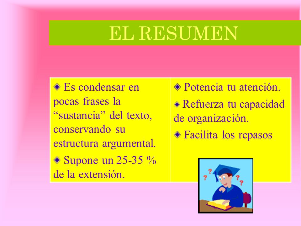 EL RESUMEN Es condensar en pocas frases la sustancia del texto, conservando su estructura argumental.