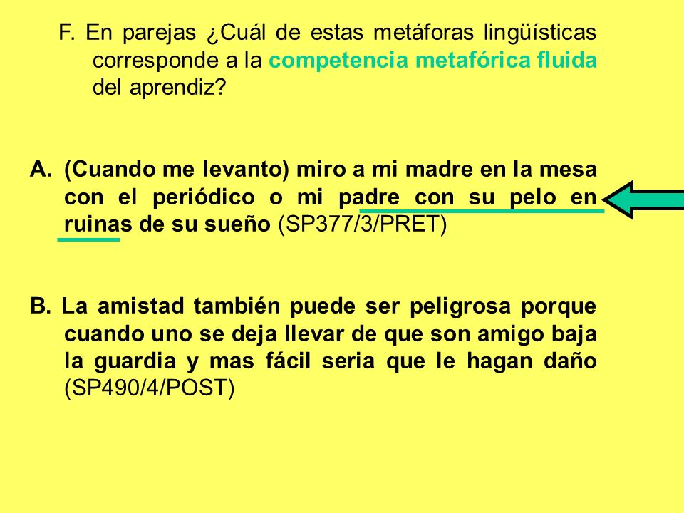 F. En parejas ¿Cuál de estas metáforas lingüísticas corresponde a la competencia metafórica fluida del aprendiz