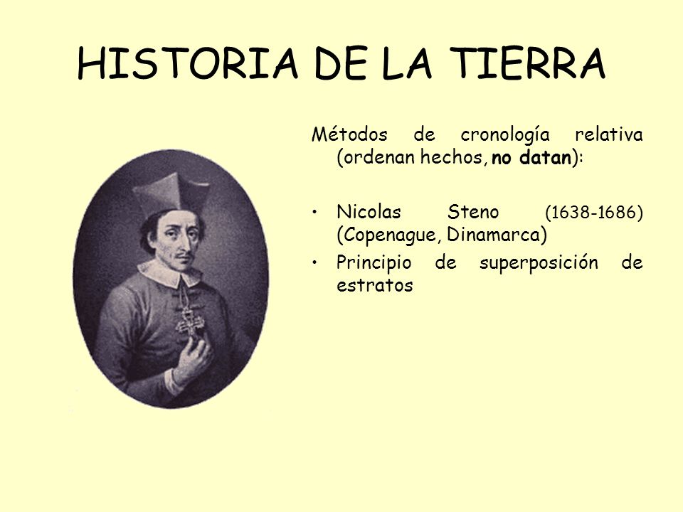HISTORIA DE LA TIERRA Métodos de cronología relativa (ordenan hechos, no datan): Nicolas Steno ( ) (Copenague, Dinamarca)