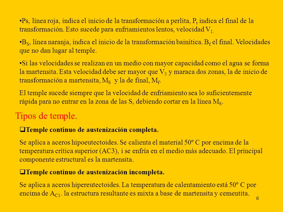 Ps, línea roja, indica el inicio de la transformación a perlita, Pt indica el final de la transformación. Esto sucede para enfriamientos lentos, velocidad V1.