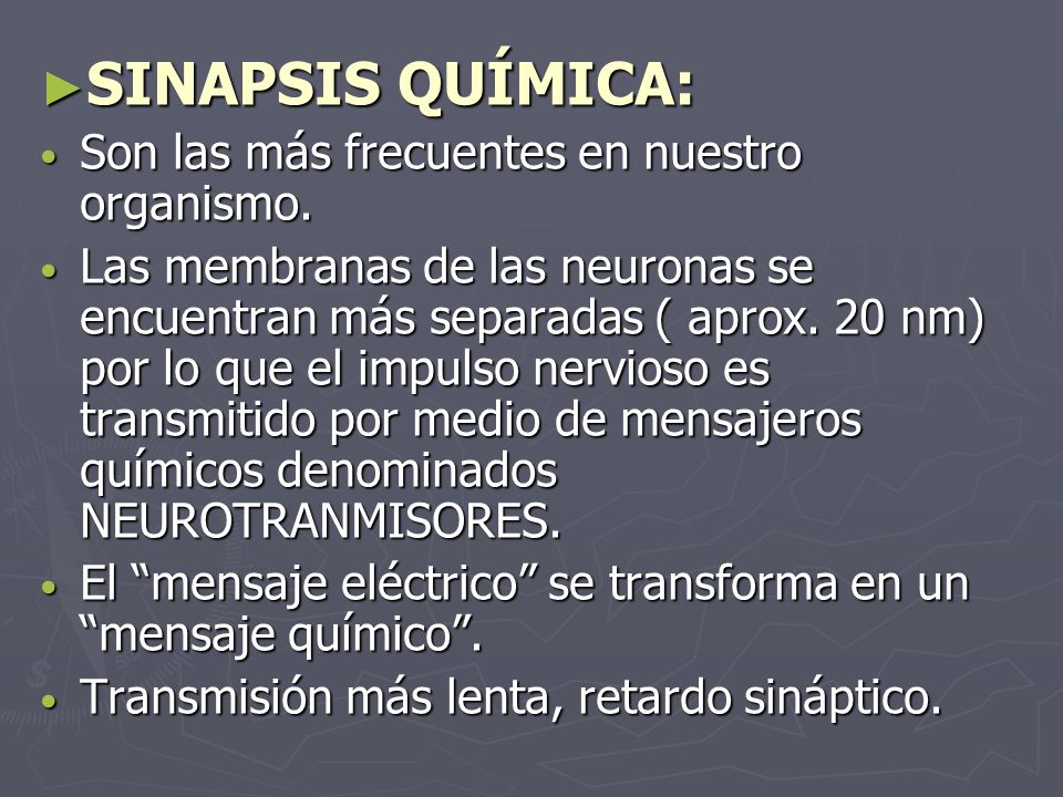 SINAPSIS QUÍMICA: Son las más frecuentes en nuestro organismo.